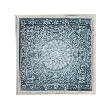 DecMode Metal Farmhouse Carved / Scrollwork Detailed Floral Wall Decor 33"W x 34"H, Washed Blue / Turqoise Finish with White Wooden Frame