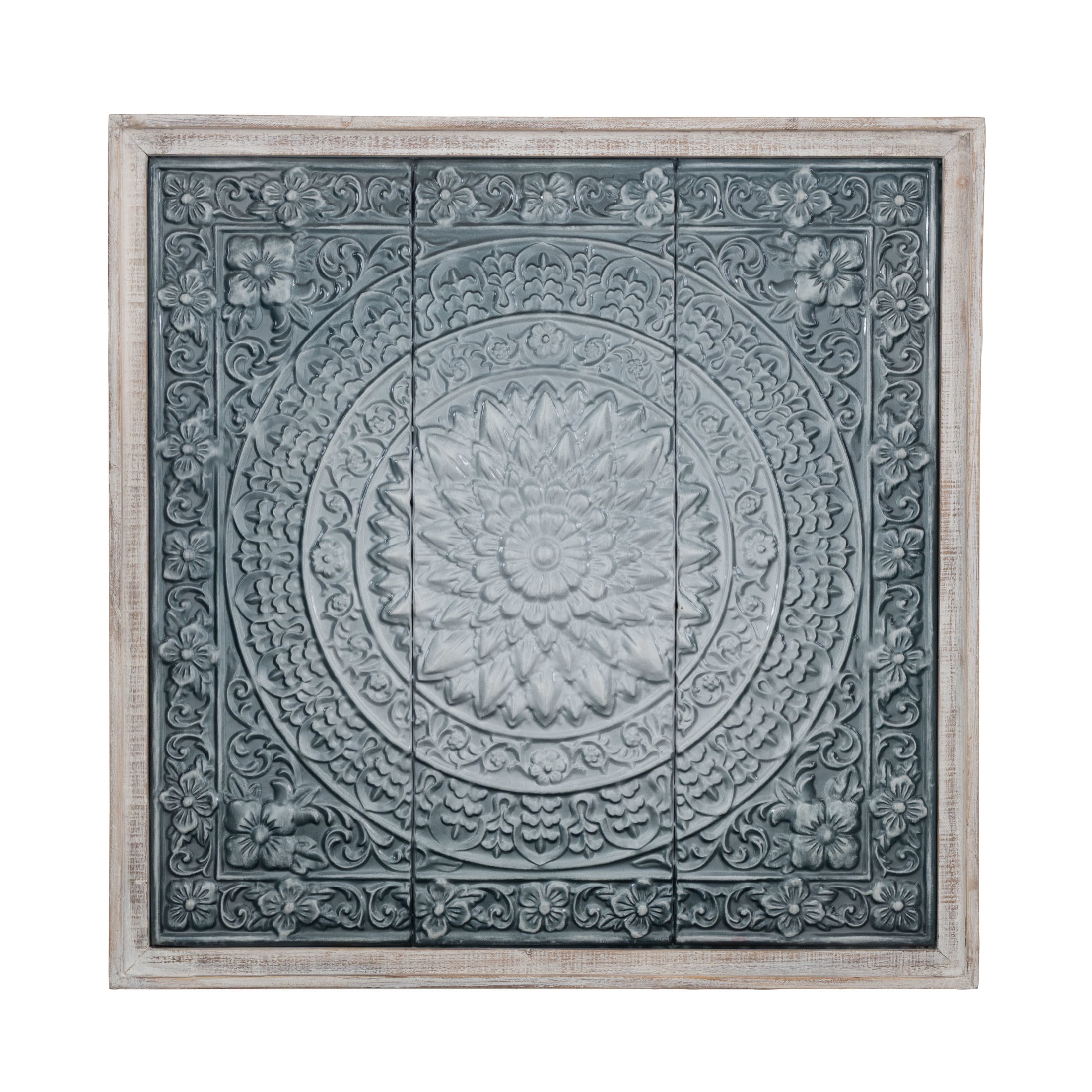 DecMode Metal Farmhouse Carved / Scrollwork Detailed Floral Wall Decor 33"W x 34"H, Washed Blue / Turqoise Finish with White Wooden Frame