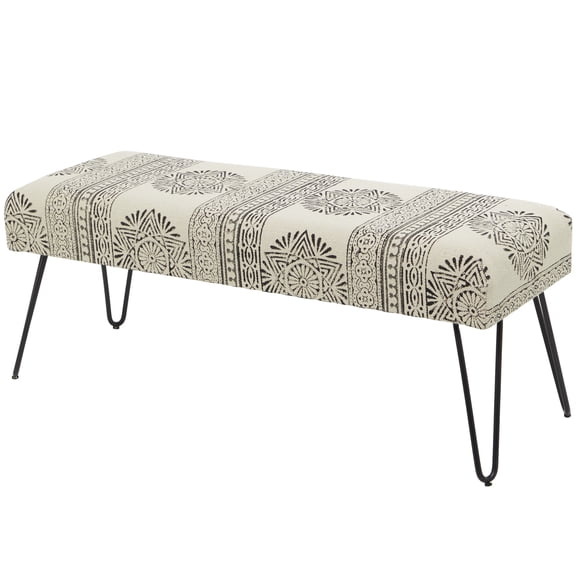 DecMode Metal Floral Bench with Metal Hairpin Legs, White