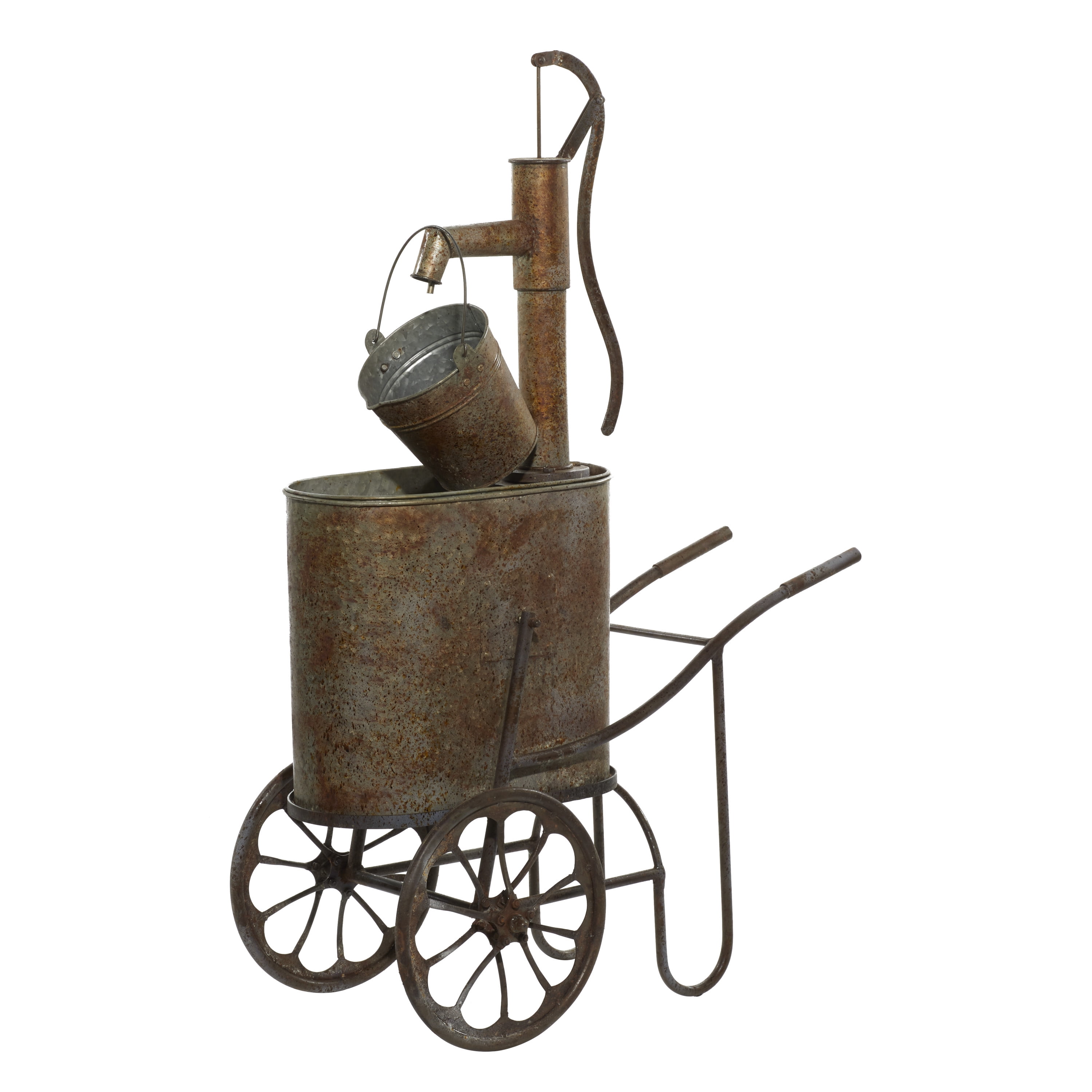 Vintage Brown Metal Hand Pump Fountain with Pail and Tub