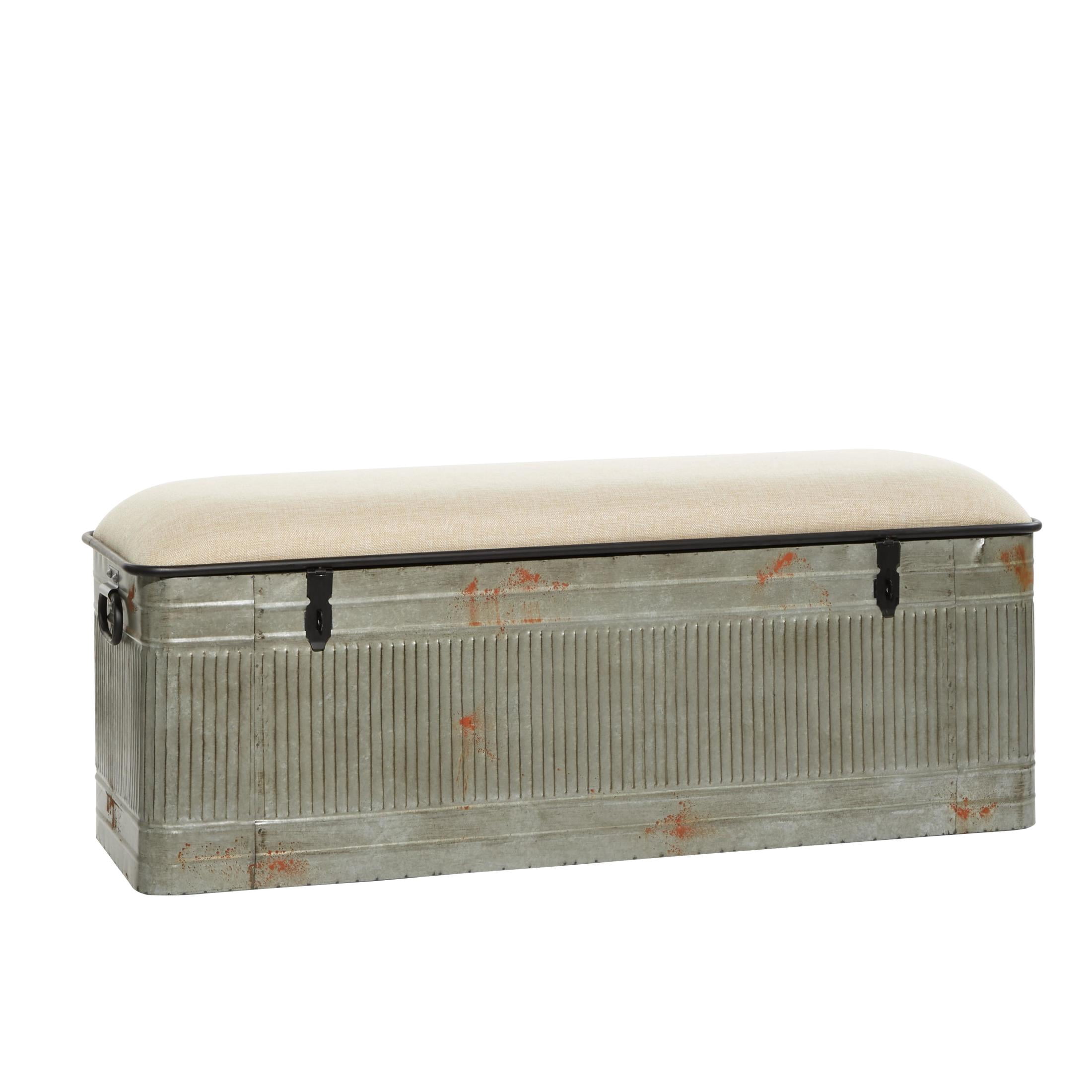 DecMode Metal Galvanized Storage Bench with Cream Burlap Top and Black Latches, Gray