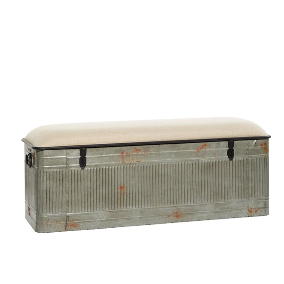 DecMode Metal Galvanized Storage Bench with Cream Burlap Top and Black Latches, Gray