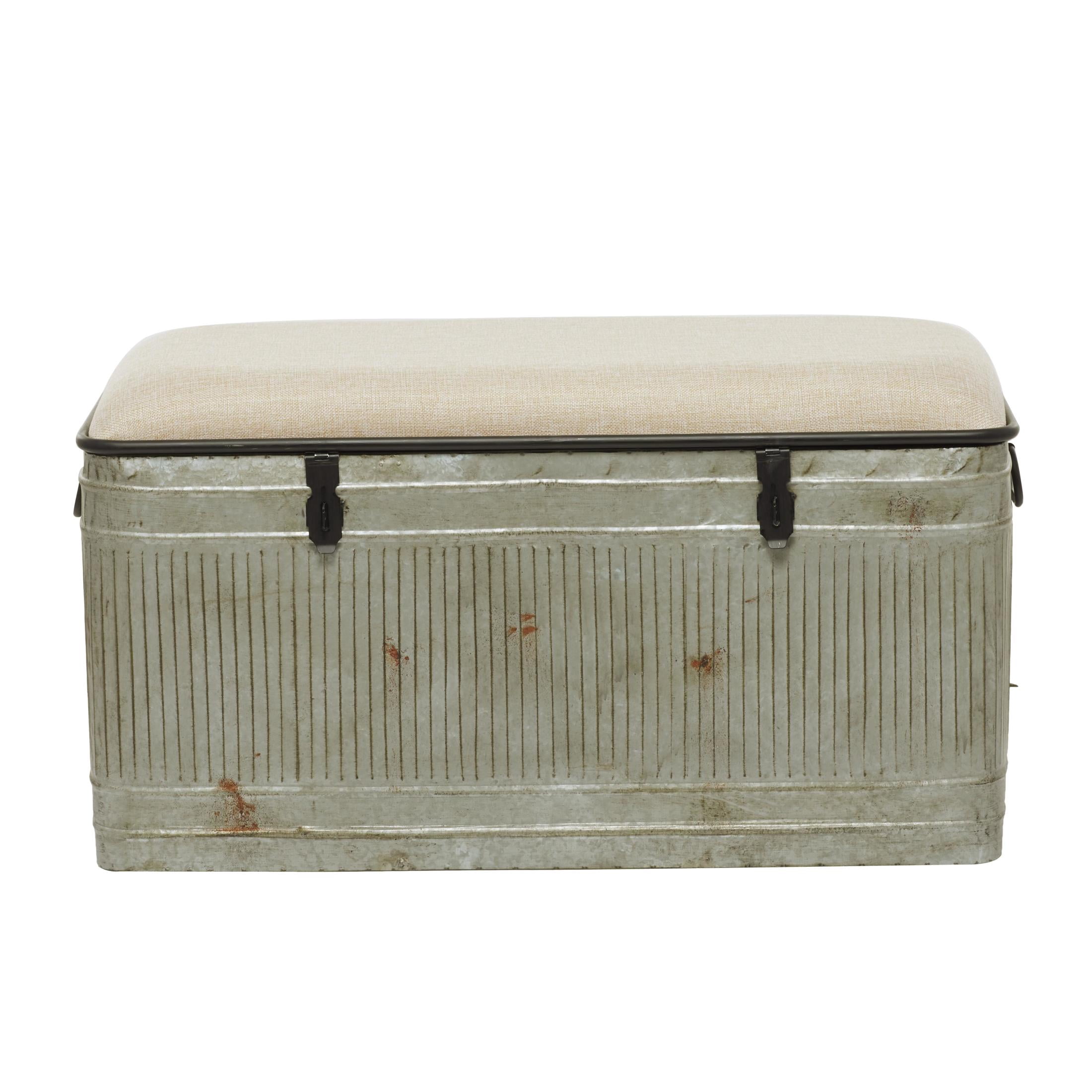 DecMode Metal Galvanized Storage Bench with Cream Burlap Top and Black Latches, Gray