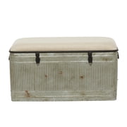 DecMode Metal Galvanized Storage Bench with Cream Burlap Top and Black Latches, Gray