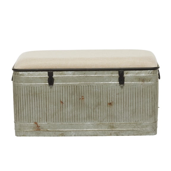 DecMode Metal Galvanized Storage Bench with Cream Burlap Top and Black Latches, Gray
