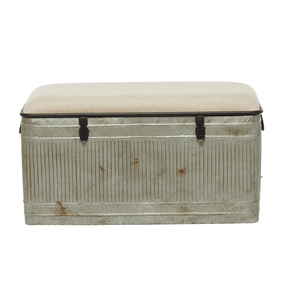 DecMode Metal Galvanized Storage Bench with Cream Burlap Top and Black Latches, Gray
