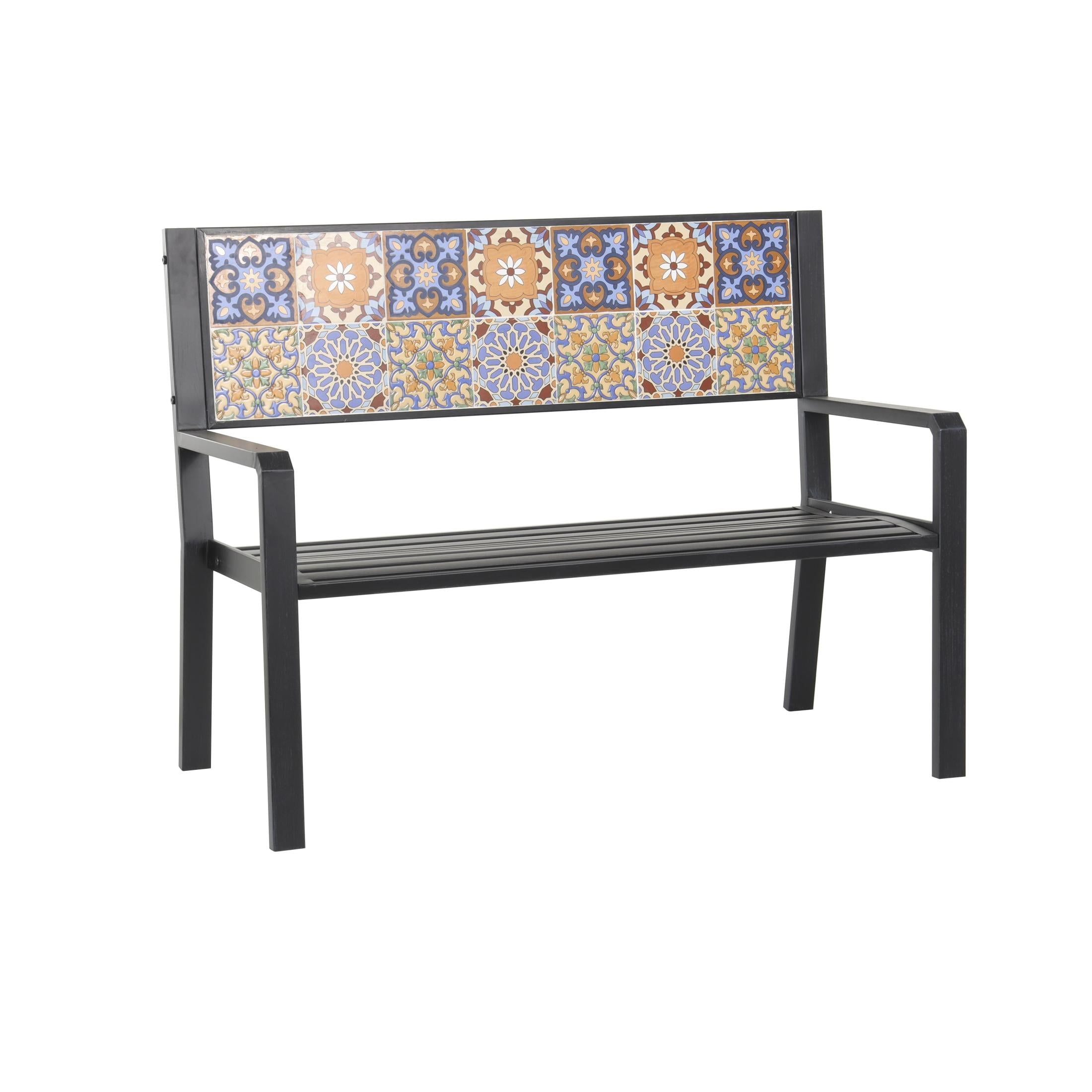 DecMode Metal Floral Scroll Mosaic Outdoor Bench with Orange and Blue Patterns, Black