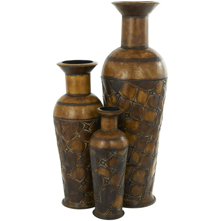 Large Rustic Set/3 Hammered Brown Metal Cylinder Traditional Floor Vases  Decor