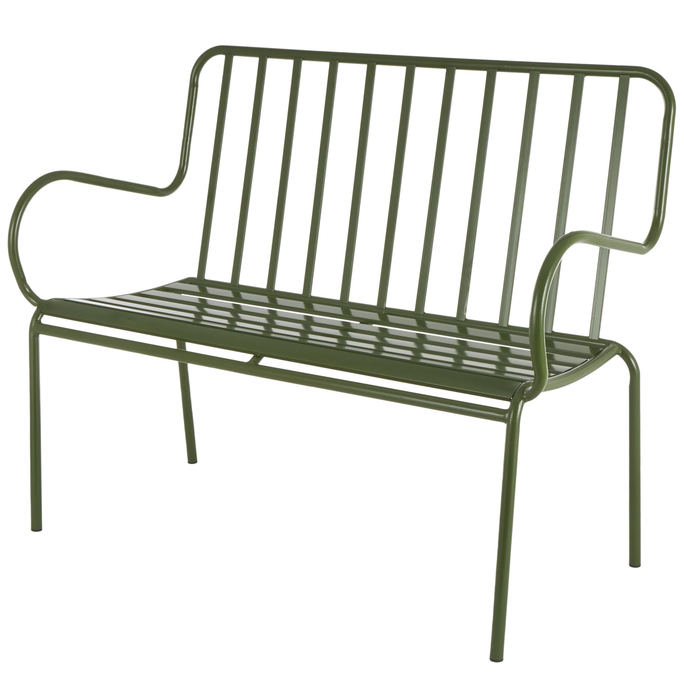 DecMode Metal Slatted Outdoor Bench with Curved Armrests, Green