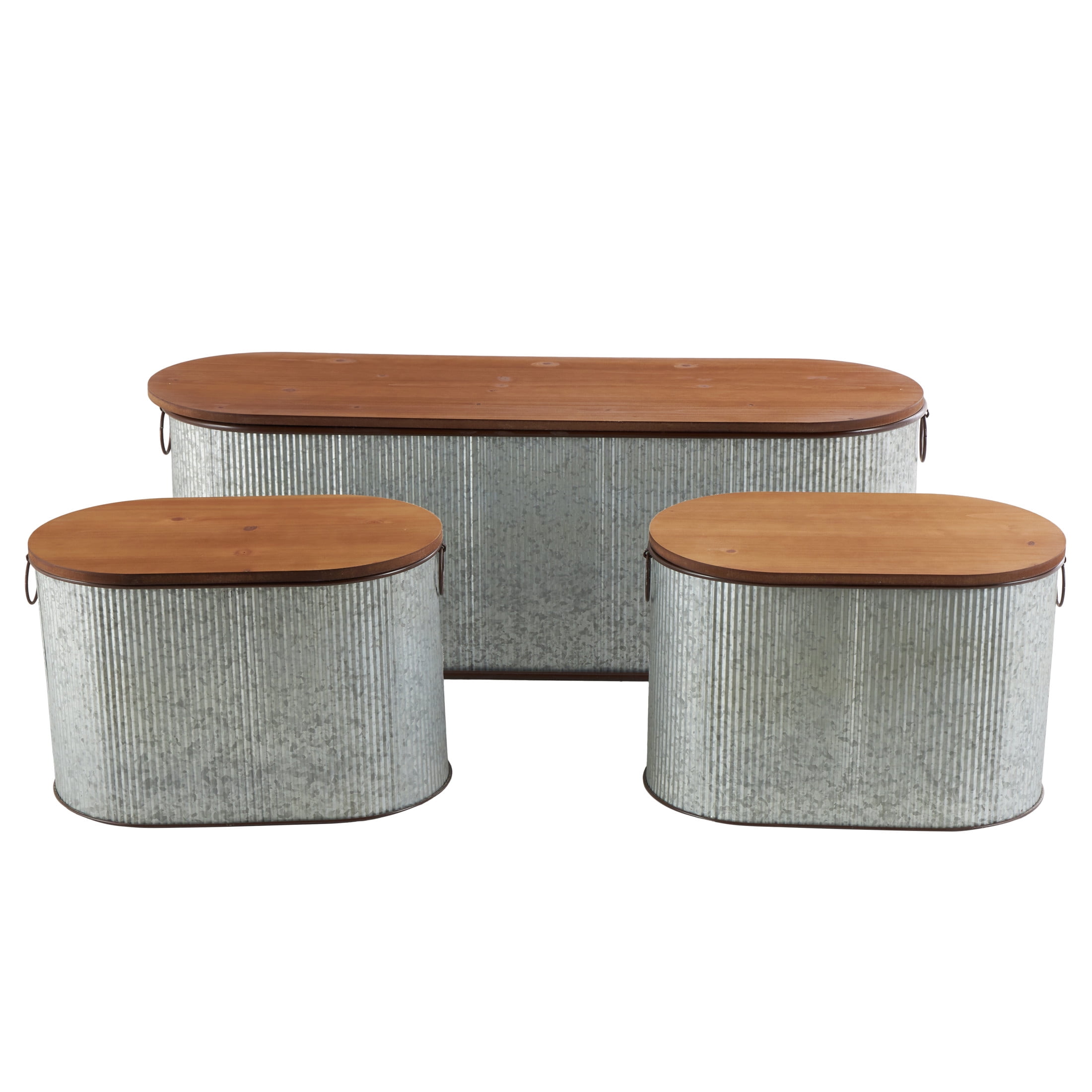 DecMode Metal Storage Bench with Brown Wood Top, Gray, Set of 3
