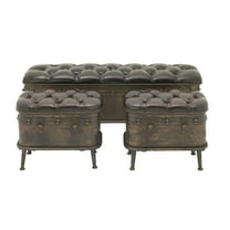 DecMode Metal Storage Bench with Tufted Faux Leather, Brown, Set of 3