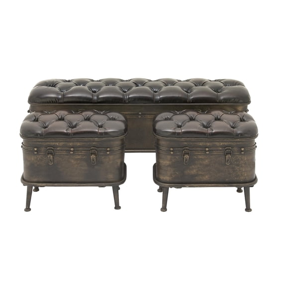 DecMode Metal Weathered Storage Bench with Dark Brown Tufted Faux Leather, Black, Set of 3