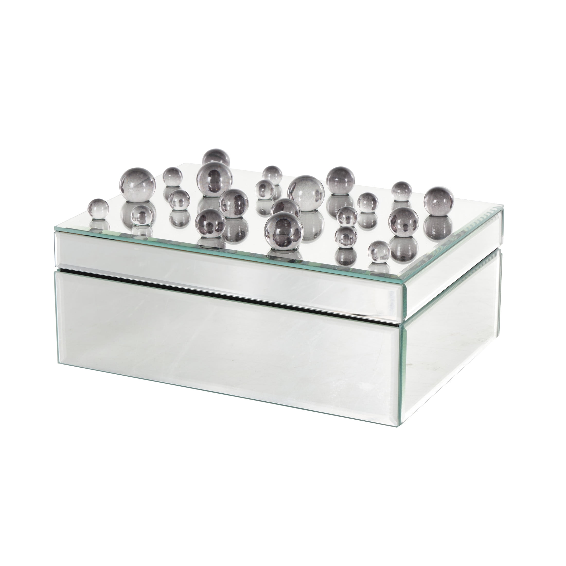 DecMode Mirrored Silver Glass Decorative Jewelry Box with Black Bubble Textured Balls