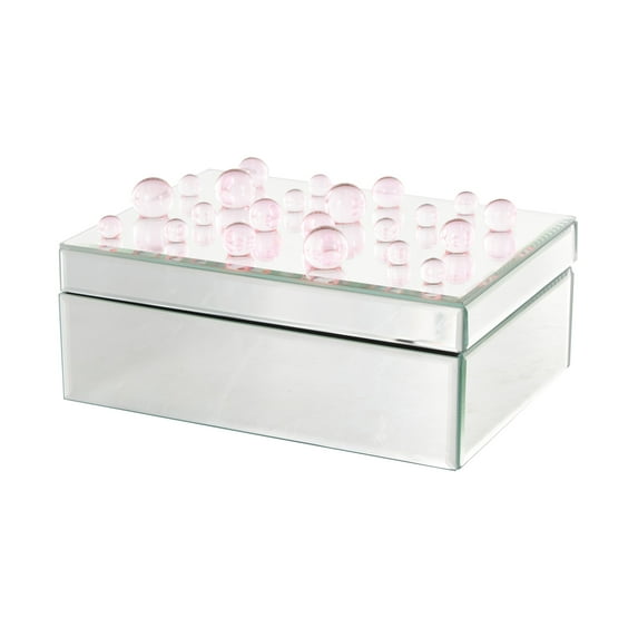 DecMode Mirrored Silver Glass Decorative Jewelry Box with Pink Bubble Textured Balls