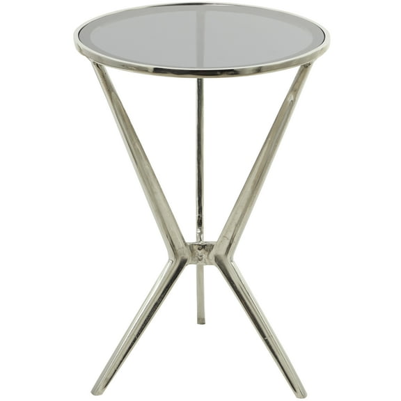 DecMode Modern Aluminum Hourglass Inspired with Round Glass Top Accent Table, 16"W x 24"H with Polished Silver and Frosted Glass Finish
