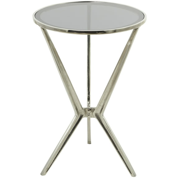 DecMode Modern Aluminum Hourglass Inspired with Round Glass Top Accent Table, 16"W x 24"H with Polished Silver and Frosted Glass Finish