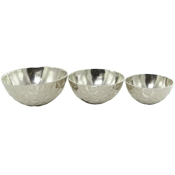 DecMode Modern Aluminum Round Shaped with Faceted Surface Decorative Bowl with Silver Glossy Interior Finish, Set of 3 14", 12", 10"