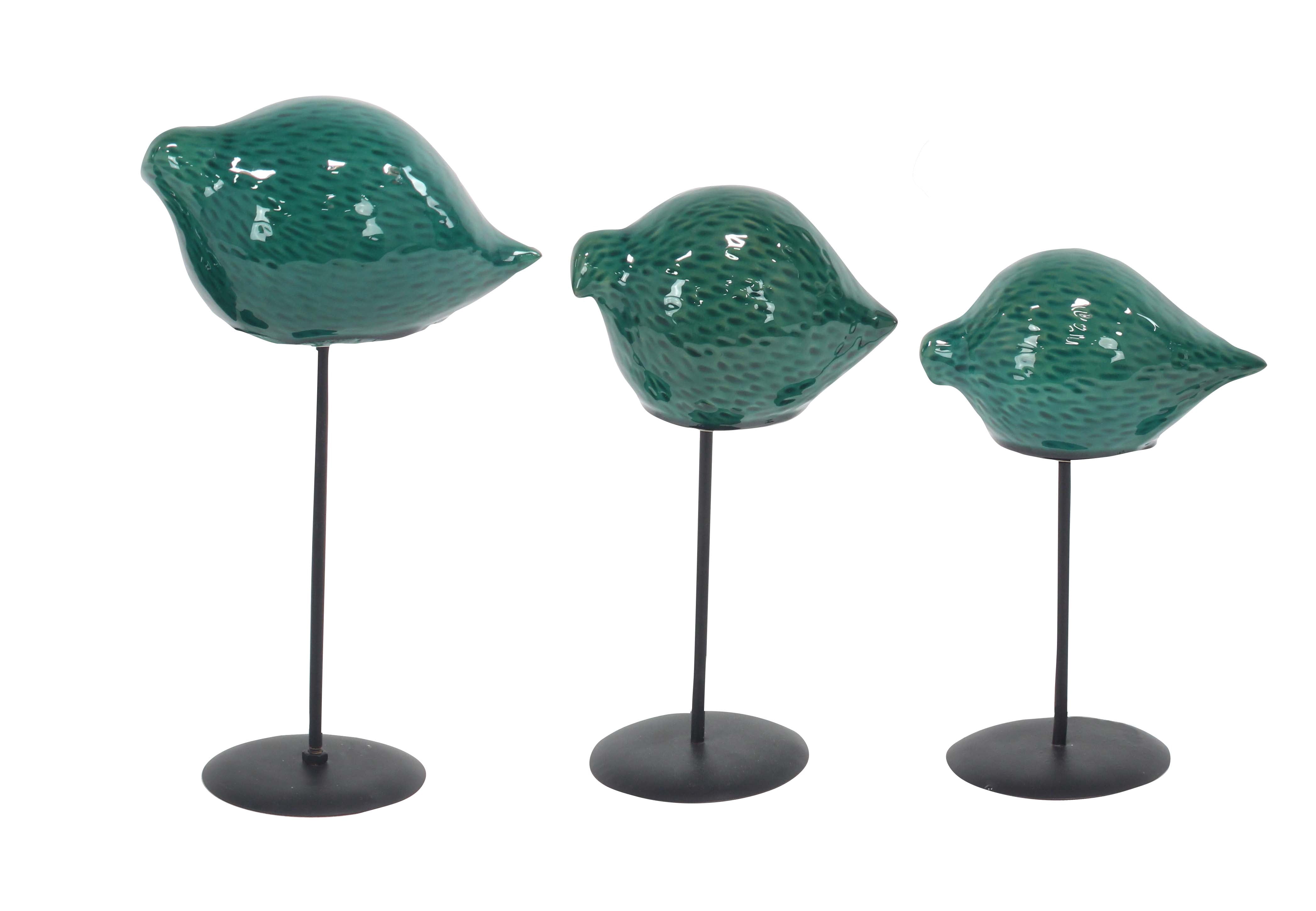 DecMode Modern Ceramic Green Birds With Metal Stands - Set of 3
