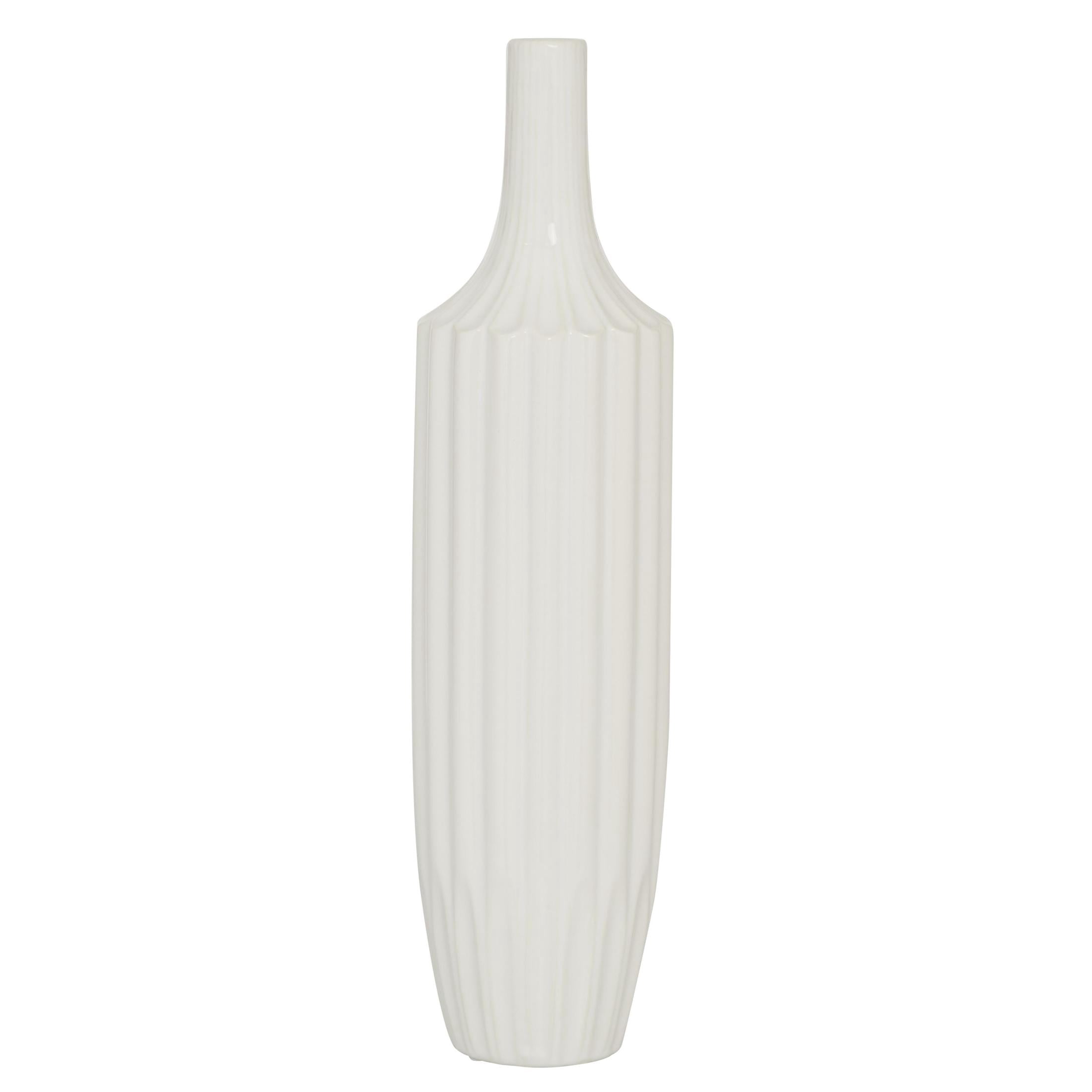 DecMode Modern Ceramic Tall White Decorative Vase with Vertical Groove Pattern 5"W x 19"H