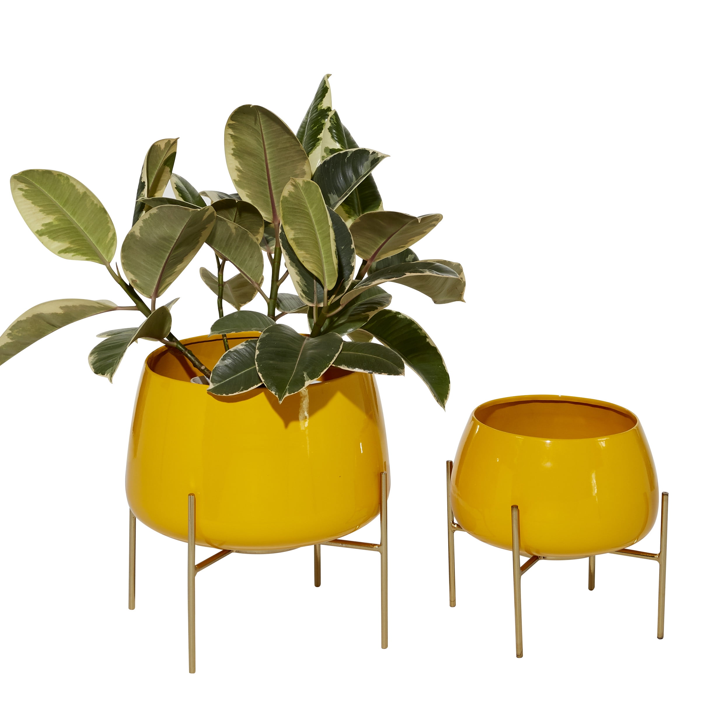 Set of 2 Yellow Metal Planters with Stands