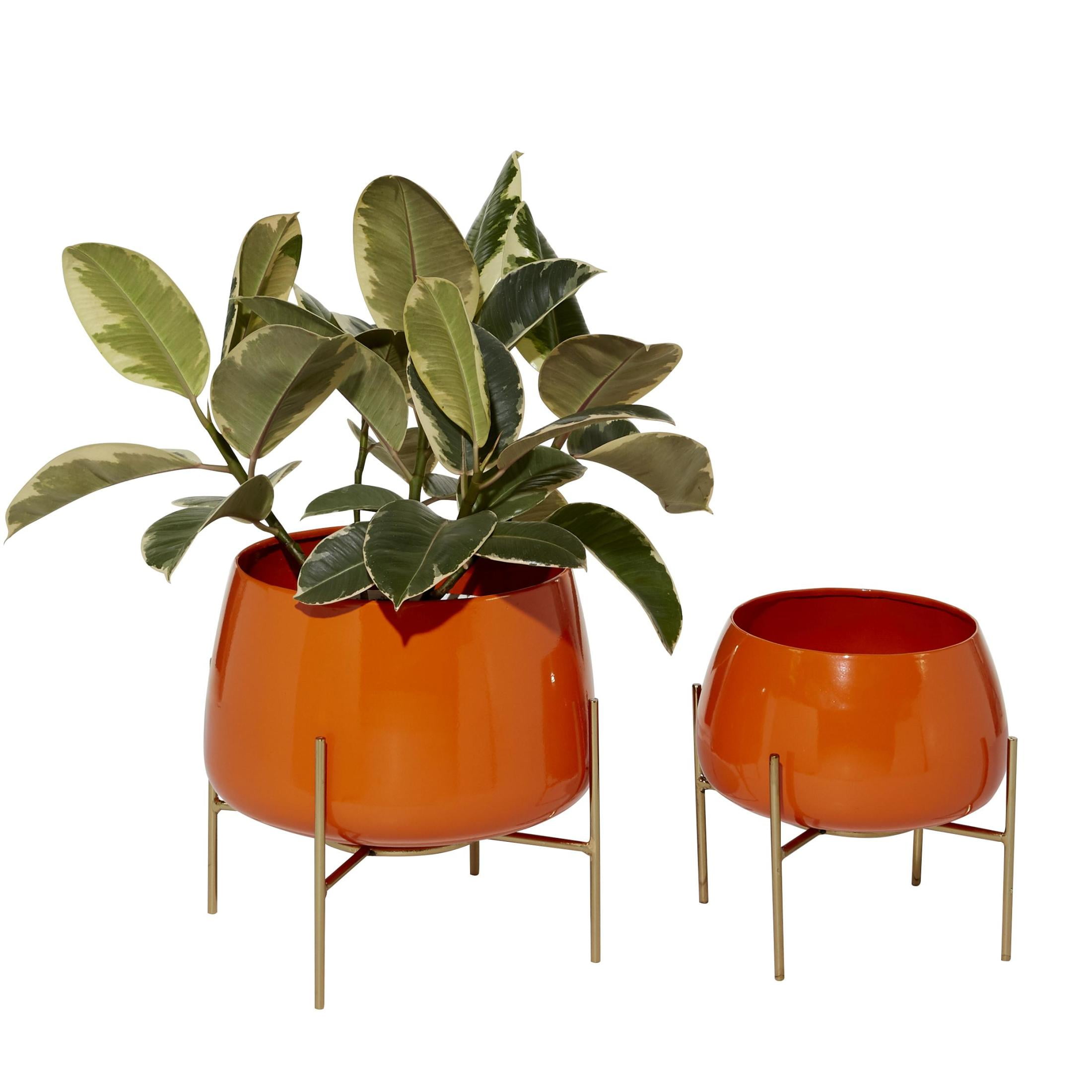 DecMode Modern Metal Dome Shape with X Base Stand Planter, Set of 2 8", 10"H Features Glossy Orange Finish