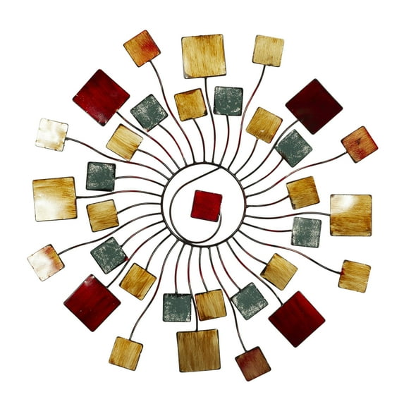 DecMode Modern Metal Sun Shaped Abstract Wall Décor with Wavy Metal Rods and Multi Colored Square Shaped Tips, 32"D