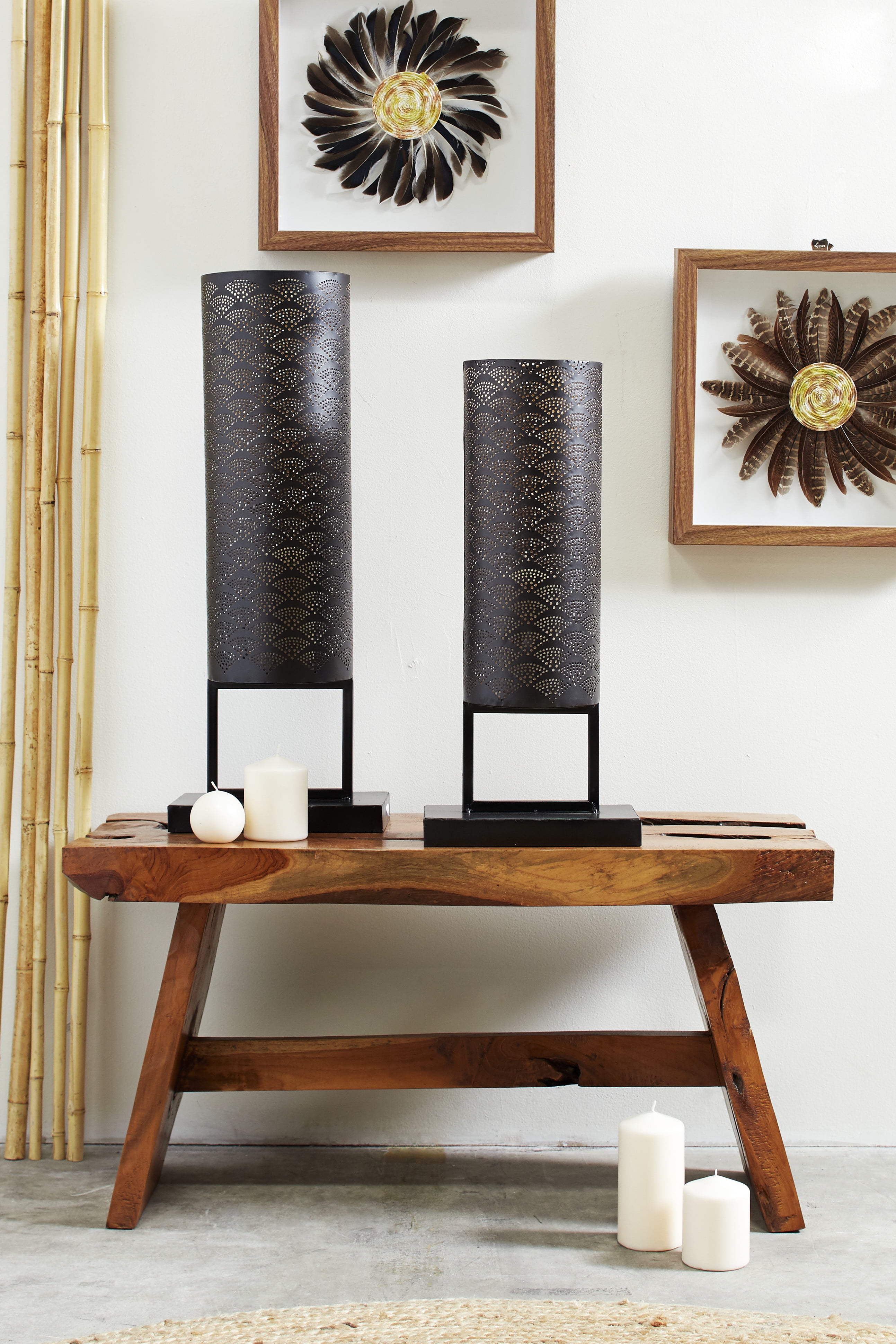 DecMode Modern Style Large Black Cylinder Metal Lantern with Pierced Metal Boho Pattern on Metal Base, 10” x 27”