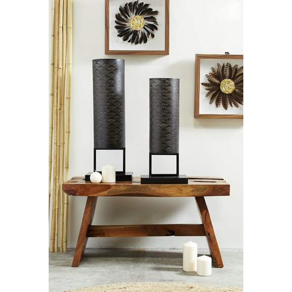 DecMode Modern Style Large Black Cylinder Metal Lantern with Pierced Metal Boho Pattern on Metal Base, 10” x 27”