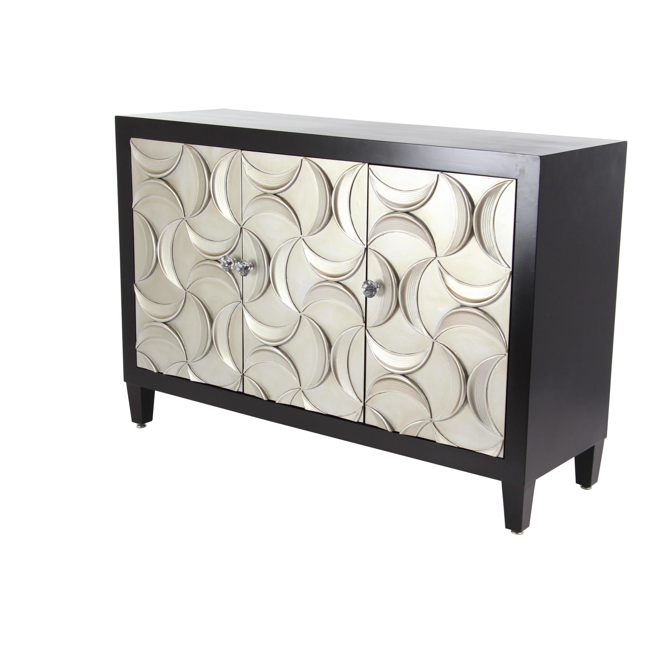 DecMode Modern Wood 3 Door Cabinet with Black/Silver Finish and Crescent Moon Design, 47"W x 32"H