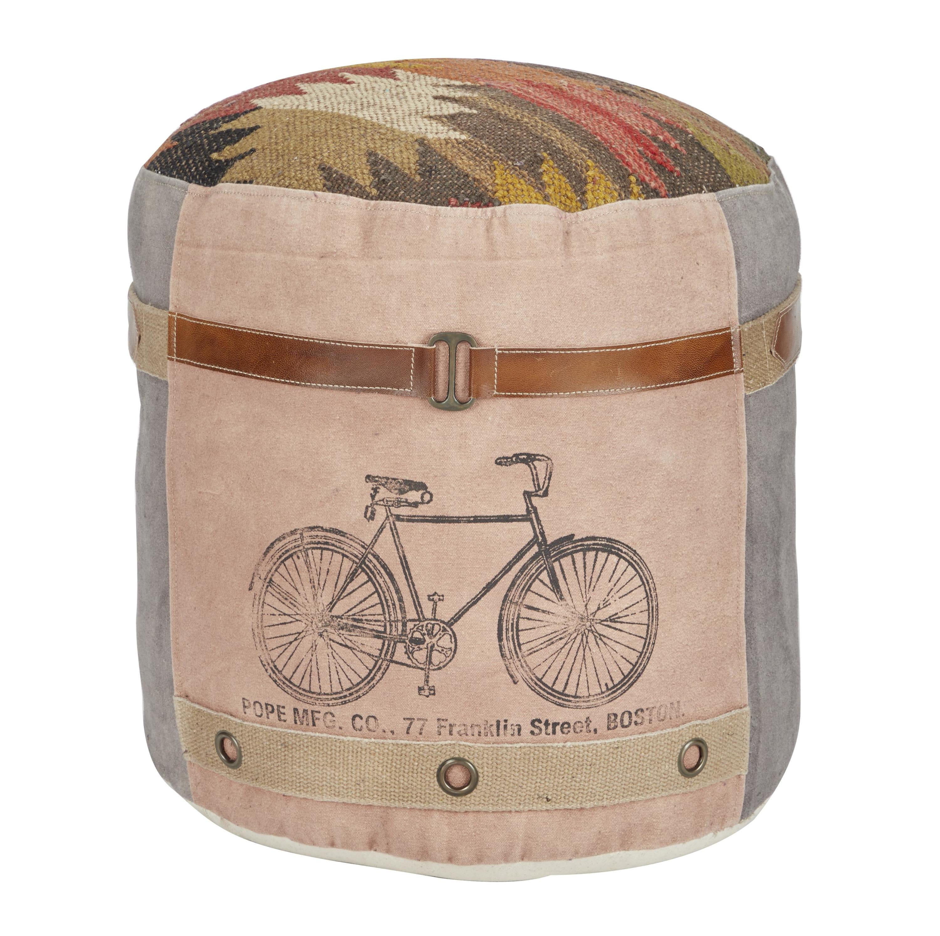 Rustic Multicolor Canvas and Leather Round Pouf