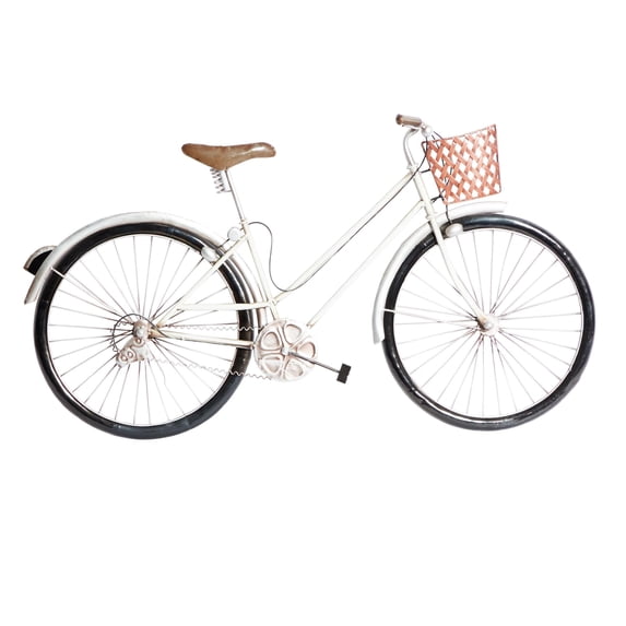 DecMode White Metal Bike Wall Decor with Black Wheels and Orange Basket