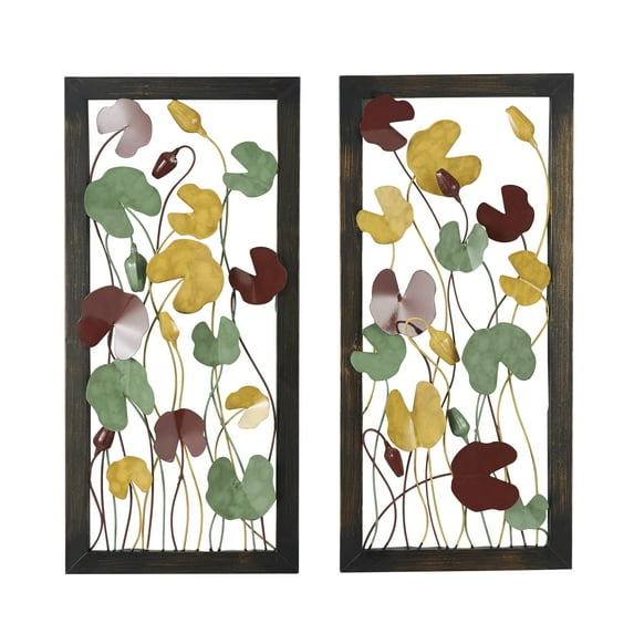 DecMode Multi Colored Metal Floral Wall Decor with Black Frame (2 Count)