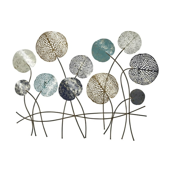 DecMode Blue Metal Floral Cutout Home Wall Decor with Gold Foil Accents, 38" x 1" x 29"