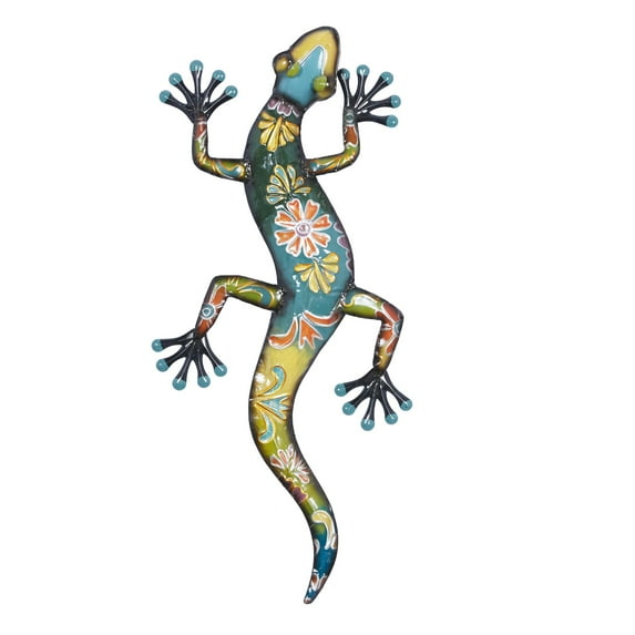DecMode Multi Colored Metal Indoor Outdoor Lizard Wall Decor with Teal and Yellow Accents