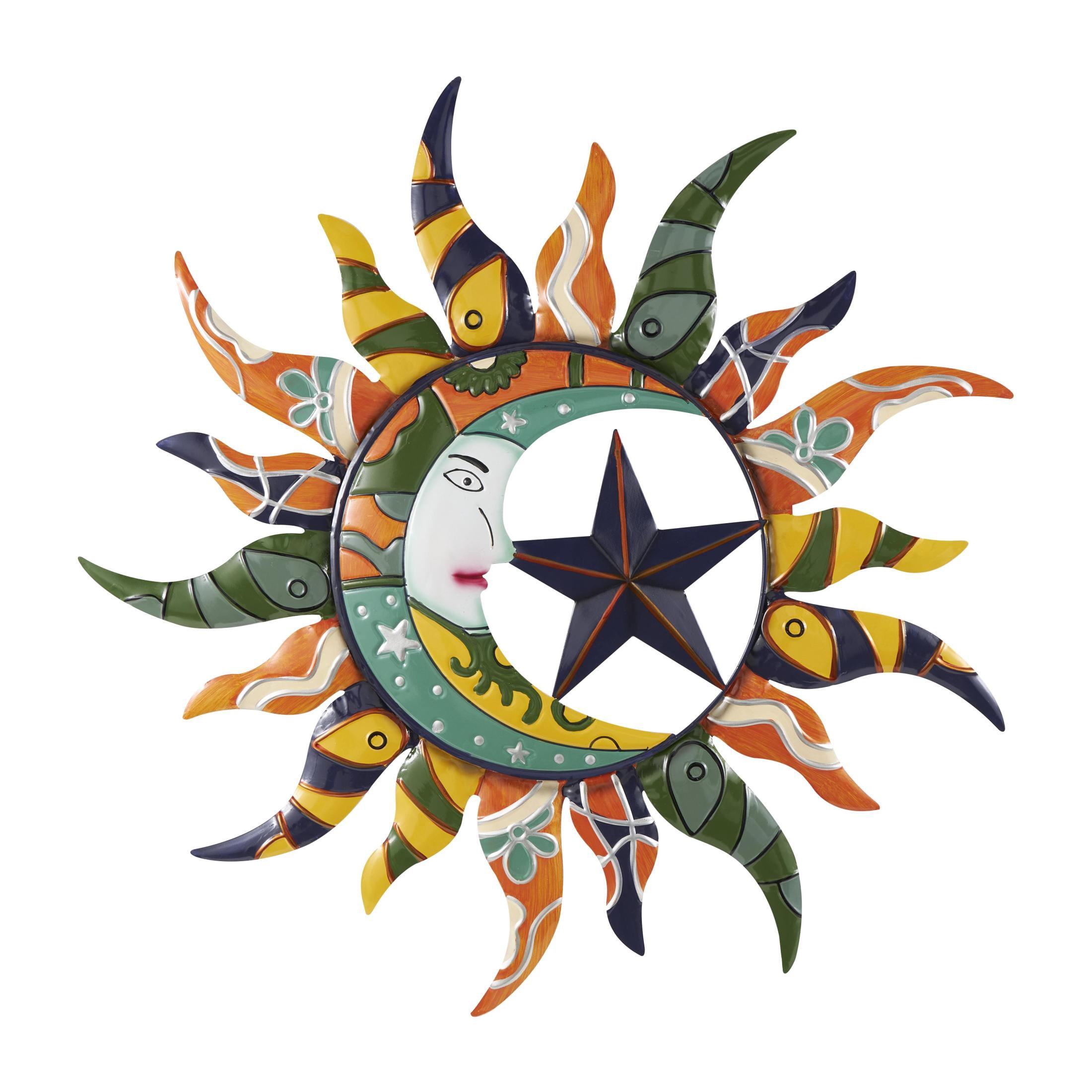 DecMode Multi Colored Metal Indoor Outdoor Patterned Sun and Moon Wall Decor with Navy and Orange Accents