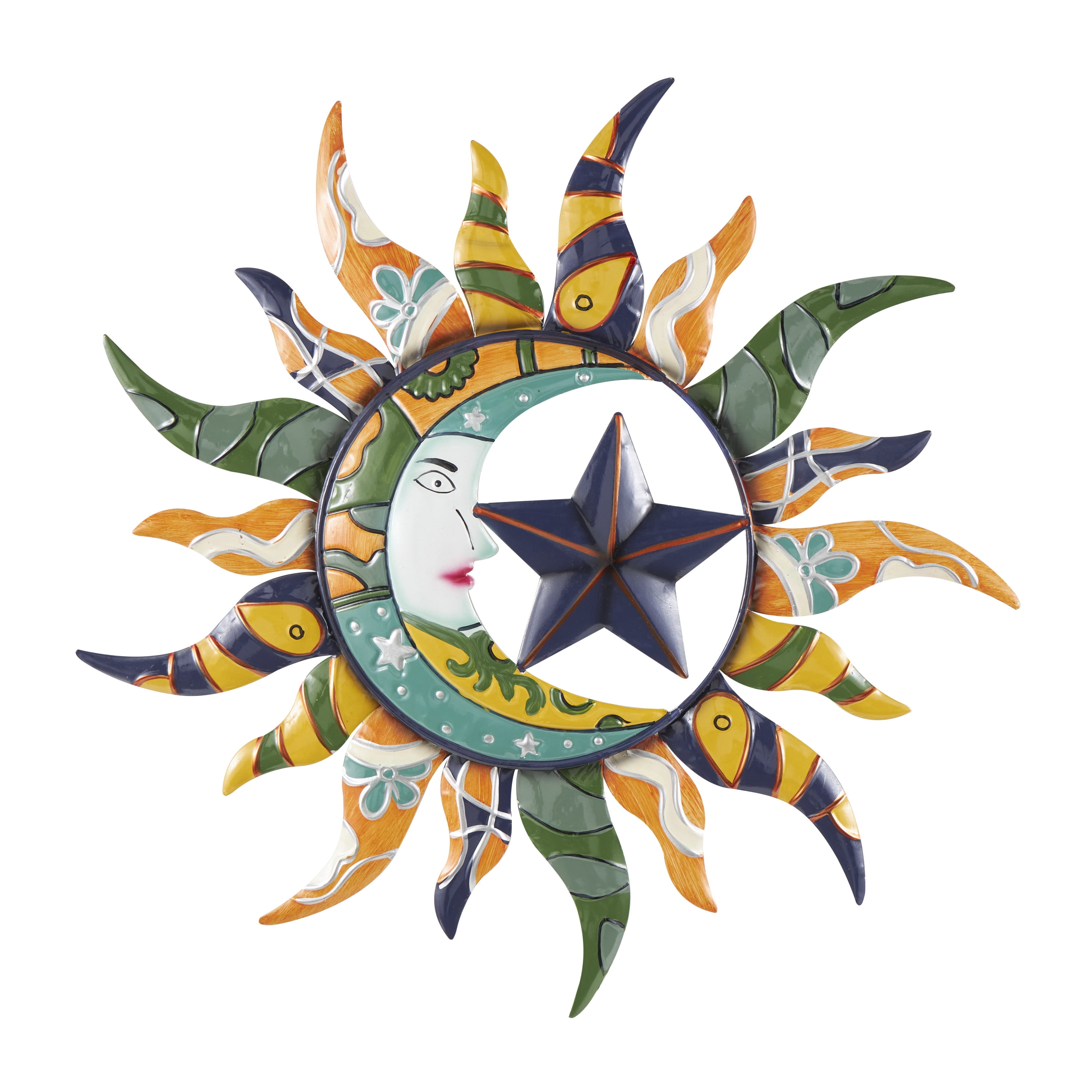 DecMode Multi Colored Metal Sun and Moon Indoor Outdoor Abstract Patterned Home Wall Decor with Yellow and Blue Accents, 25" x 1" x 25"