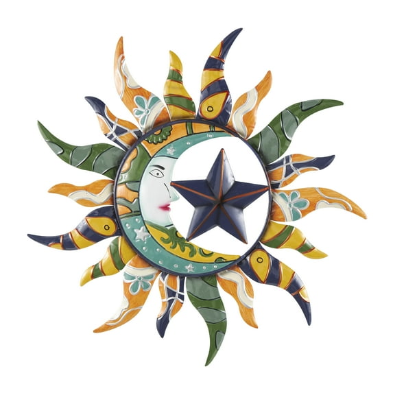 DecMode Multi Colored Metal Sun and Moon Indoor Outdoor Abstract Patterned Home Wall Decor with Yellow and Blue Accents, 25" x 1" x 25"