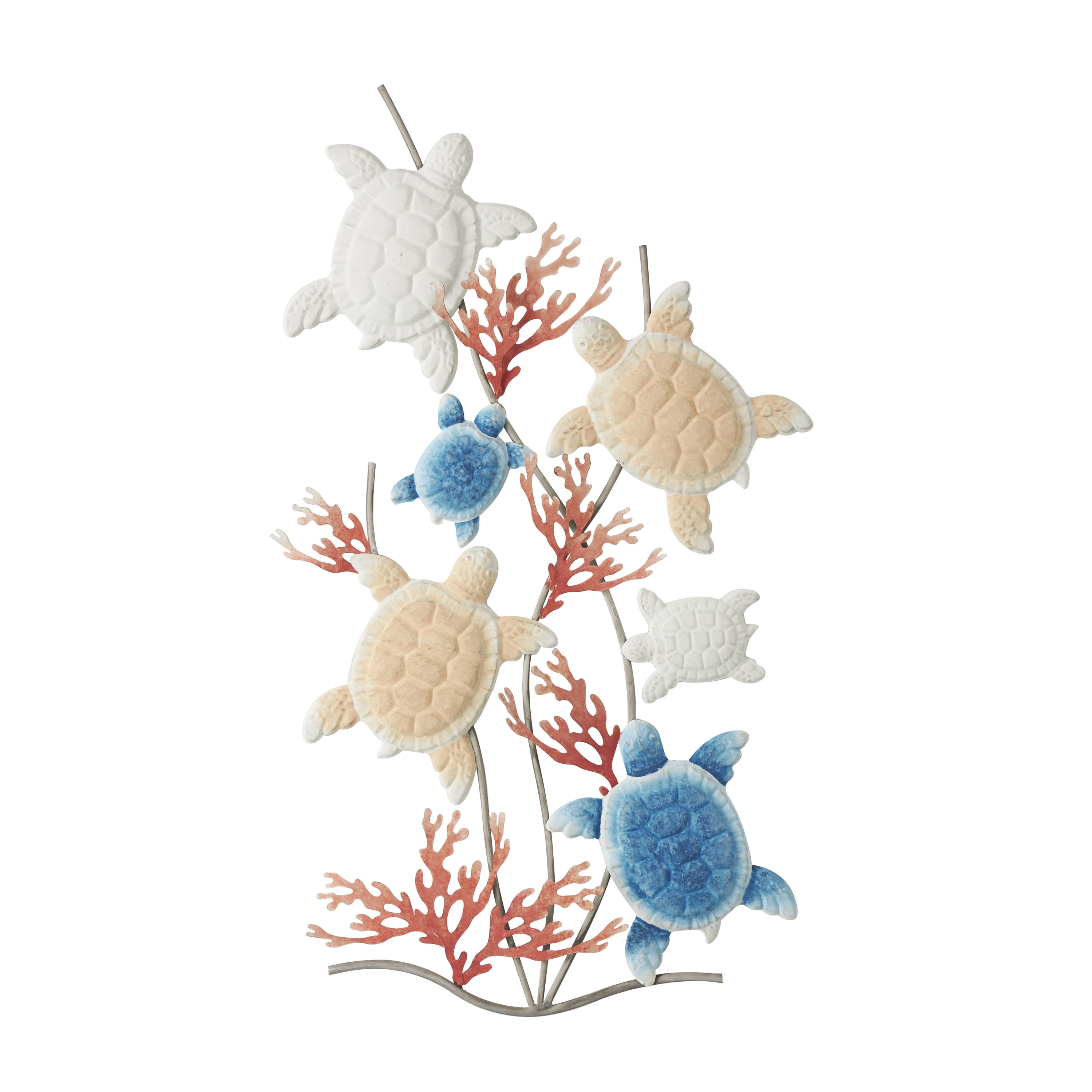 DecMode Multi Colored Metal Swimming Turtle Wall Decor with Red Coral Accents