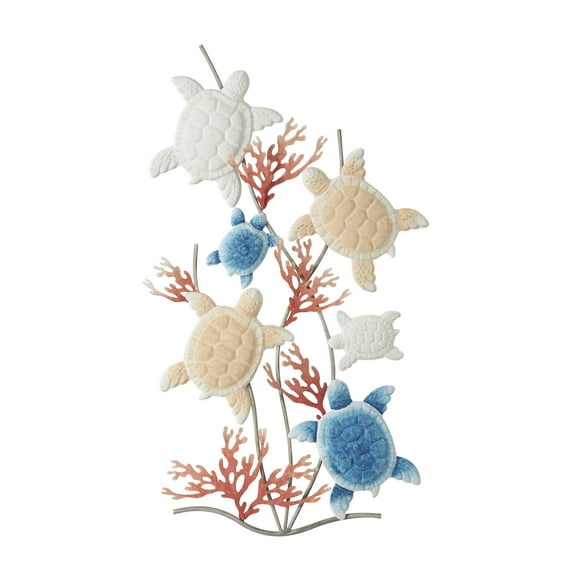 DecMode Multi Colored Metal Swimming Turtle Wall Decor with Red Coral Accents