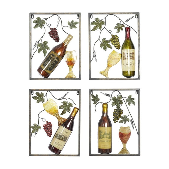 DecMode Multi Colored Metal Wine Wall Decor with Grapes Detailing (4 Count)