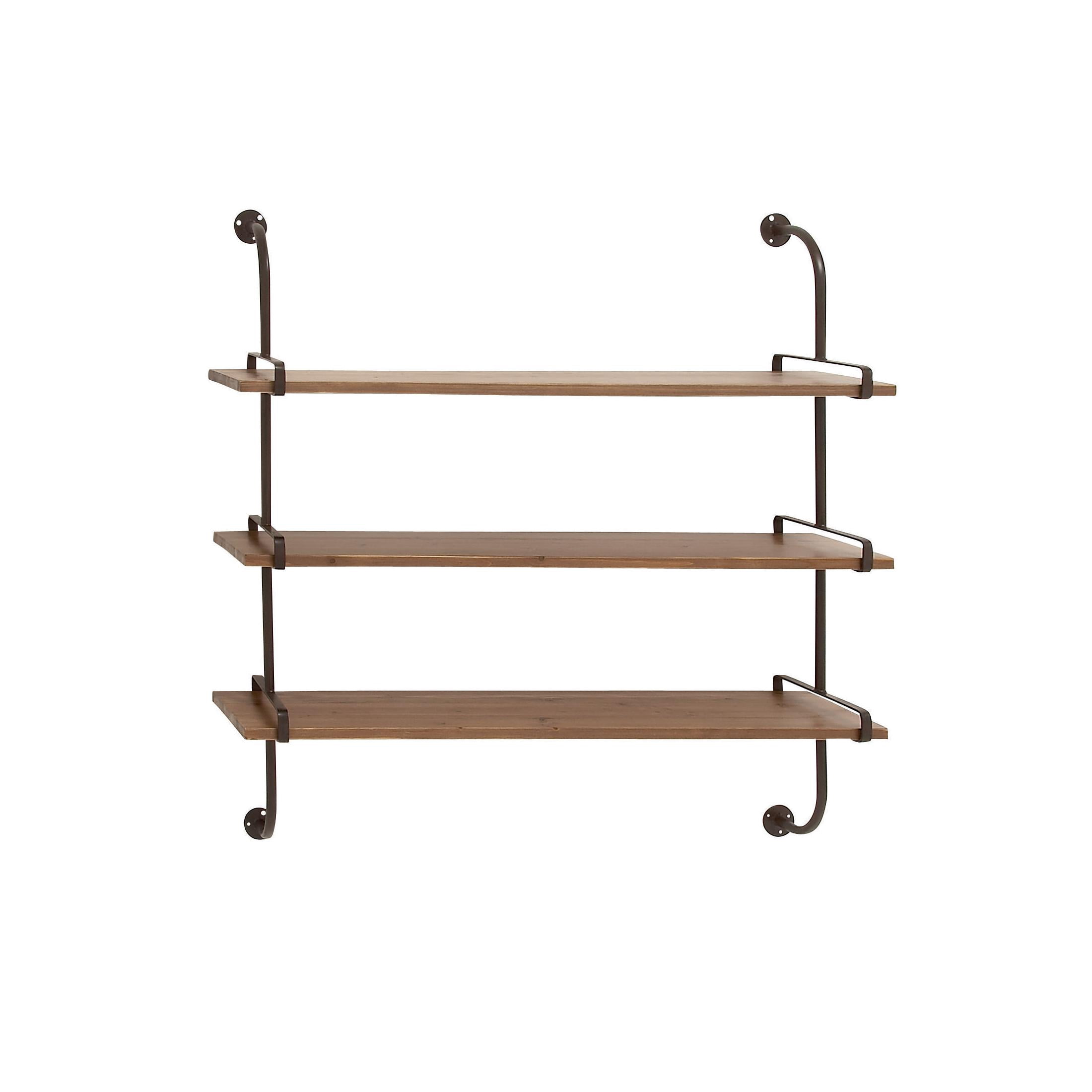 DecMode Natral Wood Industrial 3-Tier Wall Shelf, 38"W x 9"H, Features 2 Side Brown Oval Shaped Metal Bars with Decorative Top and Bottom Mounting