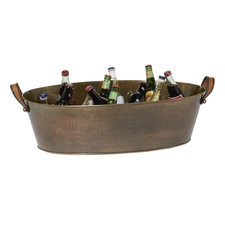 DecMode Oval Stainless Steel Metal Long Bronze Ice Bucket with Leather Strap Handles