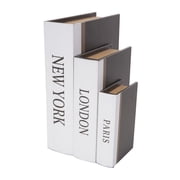 DecMode Paris, London, New York Faux Book Storage Black Faux Leather Decorative Box with White Spine, 3 Count
