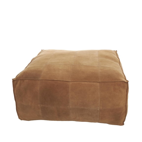 DecMode Patchwork Low Profile Square Brown Leather Pouf with Patchwork Design