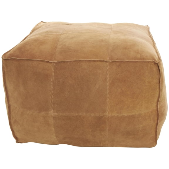 DecMode Patchwork Low Profile Square Brown Leather Pouf with Patchwork Design