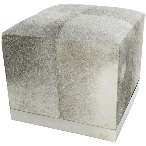 DecMode Patchwork Patchwork Gray Leather Pouf with Stainless Steel Base