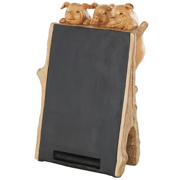 DecMode Pig Chalkboard Polystone Decorative Sign with Brown Tree Trunk Frame, 1-Piece