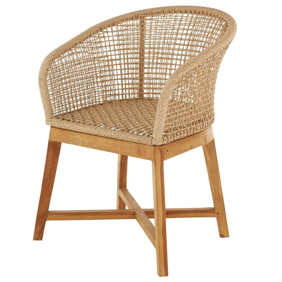DecMode Plastic Rattan Handmade Woven Rounded Lounge Chair with Teak Frame, Light Brown