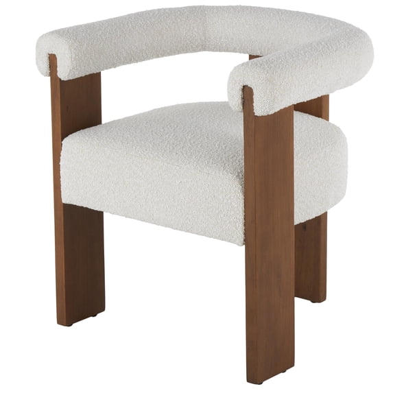 DecMode Polyester Curved Back Mid Century Modern Round Boucle Lounge Chair with Brown Wood Frame, Cream