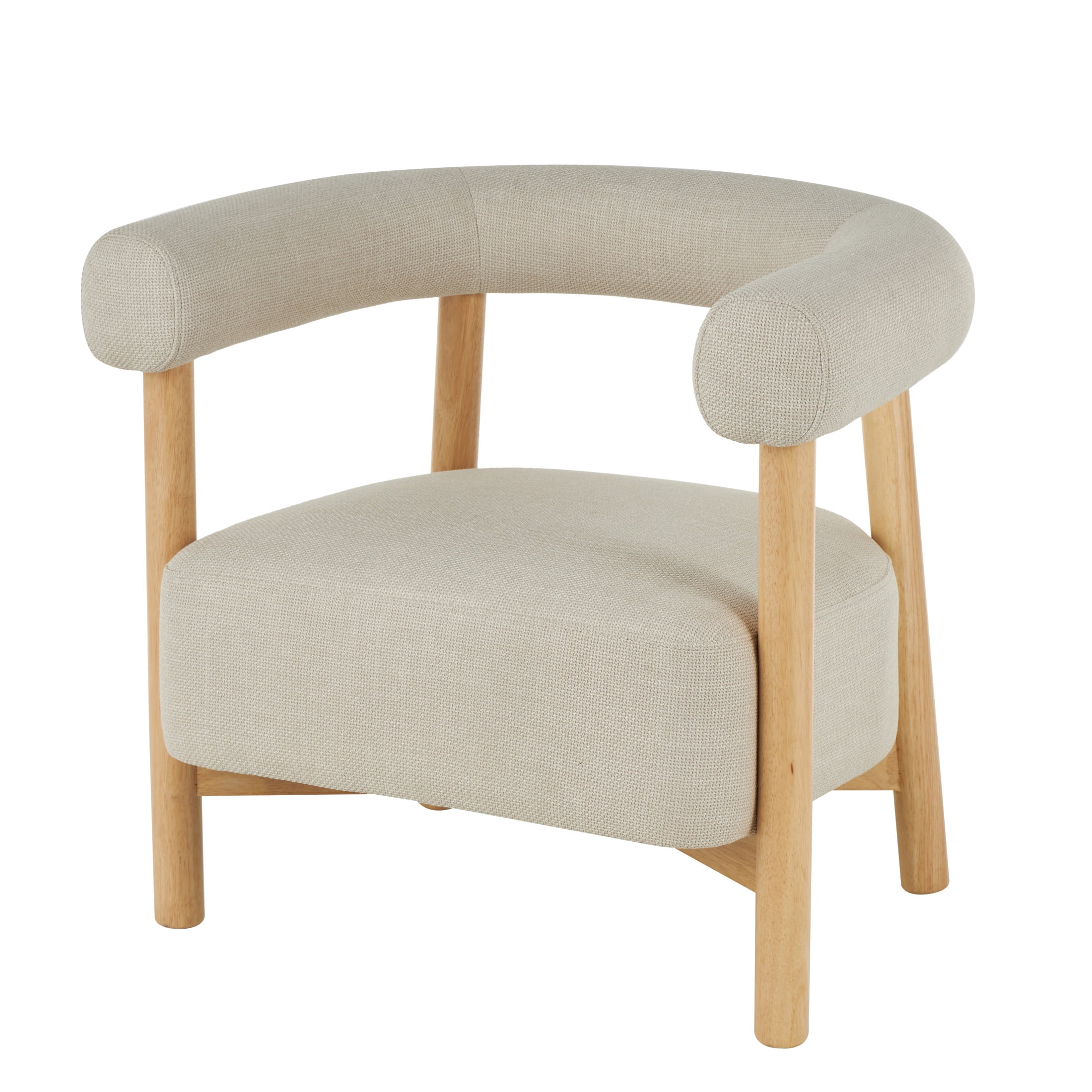 DecMode Polyester Curved Back Mid Century Modern Round Boucle Lounge Chair with Light Brown Wood Frame, Beige